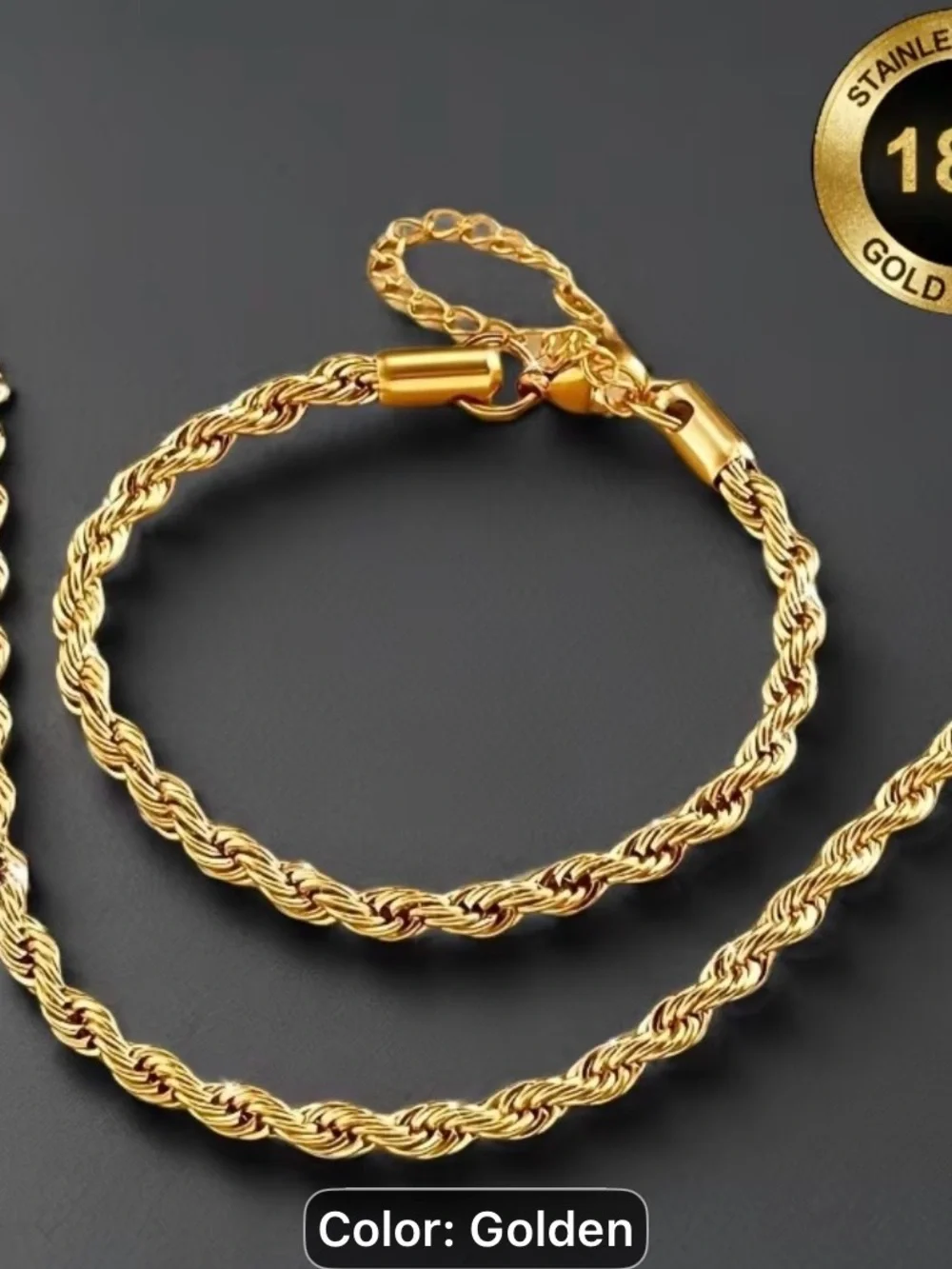 2PCS Men's Golden Rope Chain Necklace and Bracelet Set